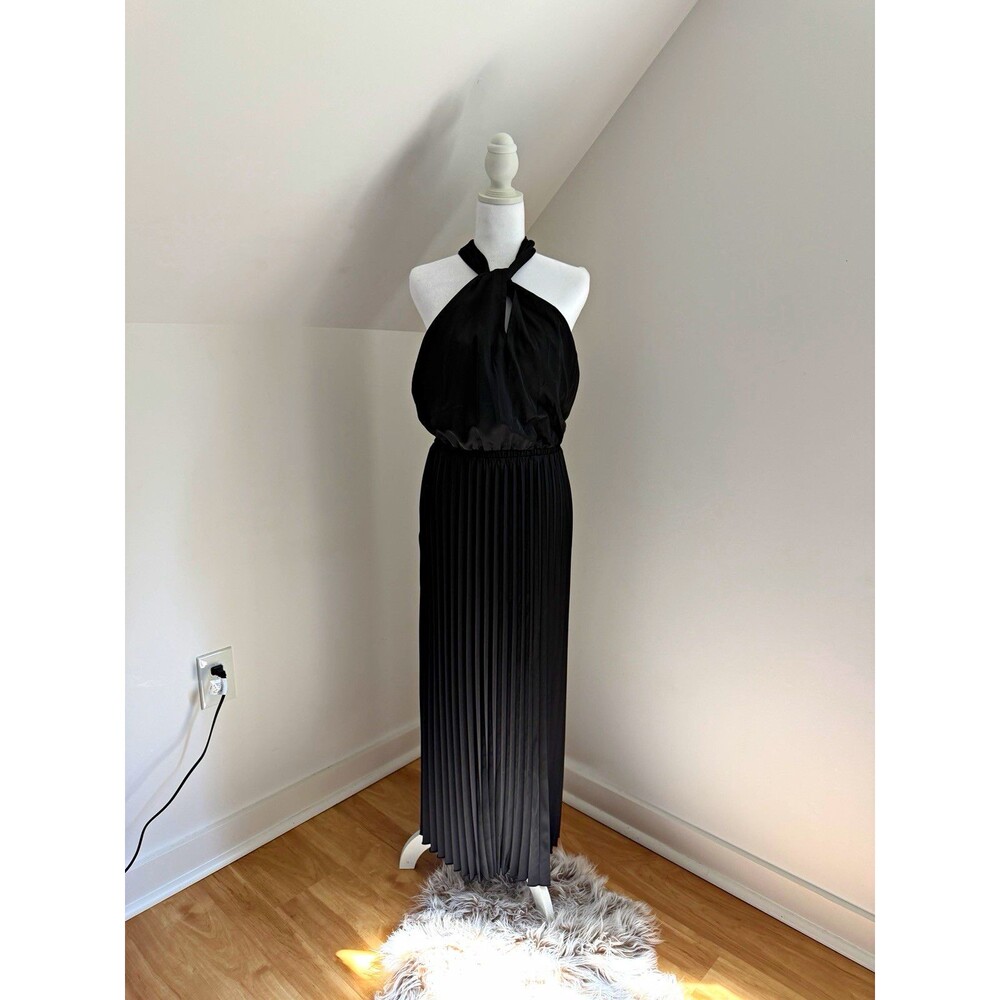 Scoop Black Halter Neck Pleated Maxi Dress Women M